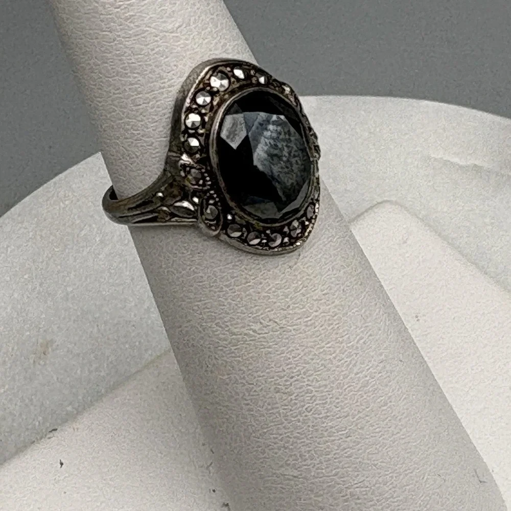Vintage Sterling Silver Ring 925 Size 5.25 Hematite CZ Pretty Victorian Revival